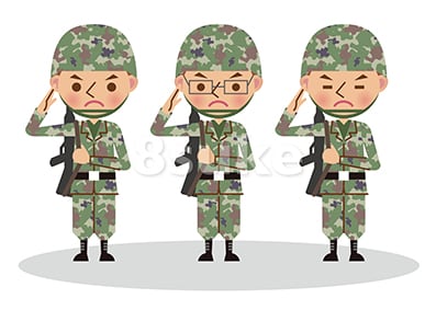 イラスト素材 銃を担いで敬礼する自衛官 軍人 3人 ベクター Jpg 8sukeの人物イラスト屋 かわいいベクター素材のダウンロード販売