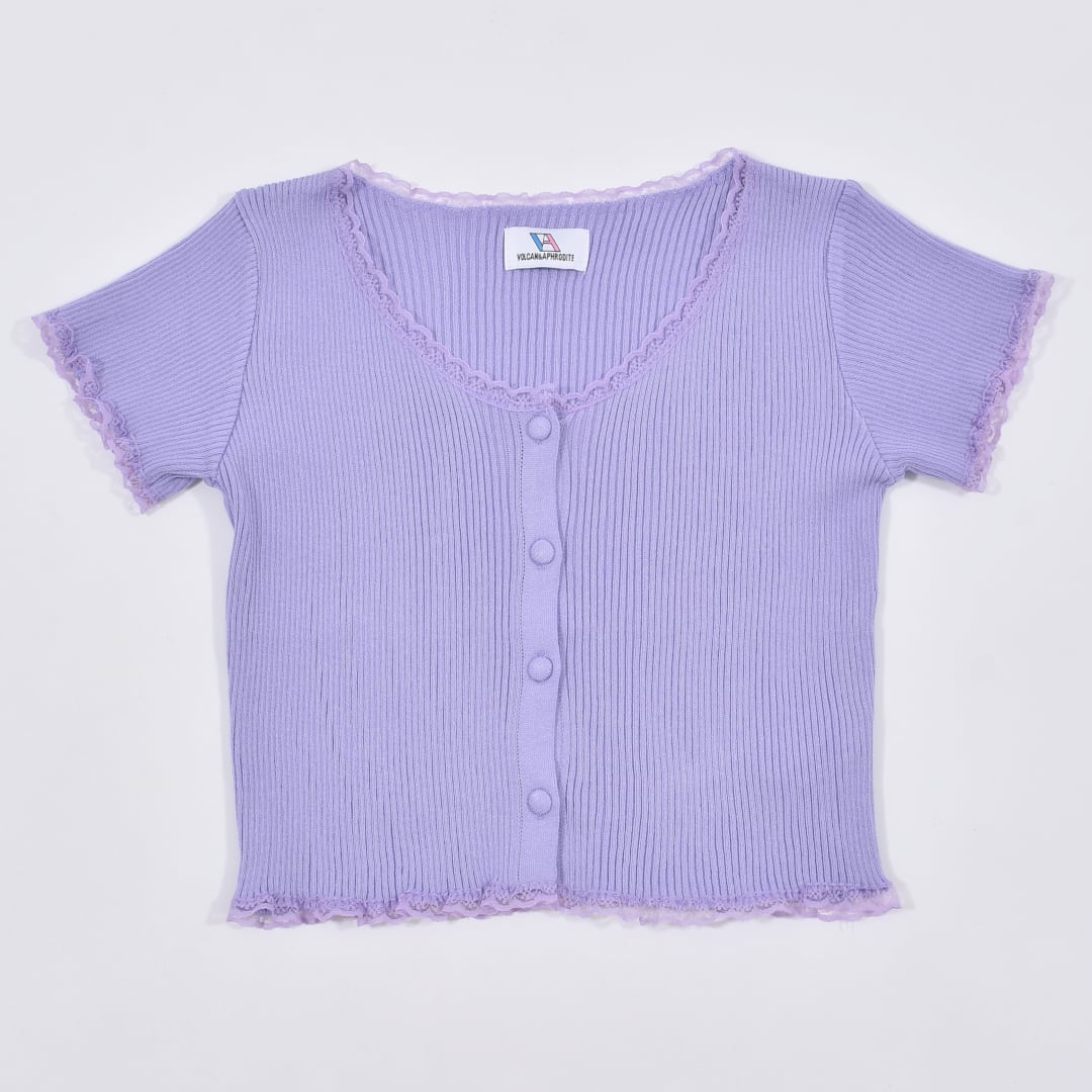 紫色 ビーズ付き 半袖カーディガン Popteen11月掲載☆ゆめぽて着用】リブレース半袖ピタカーディガン