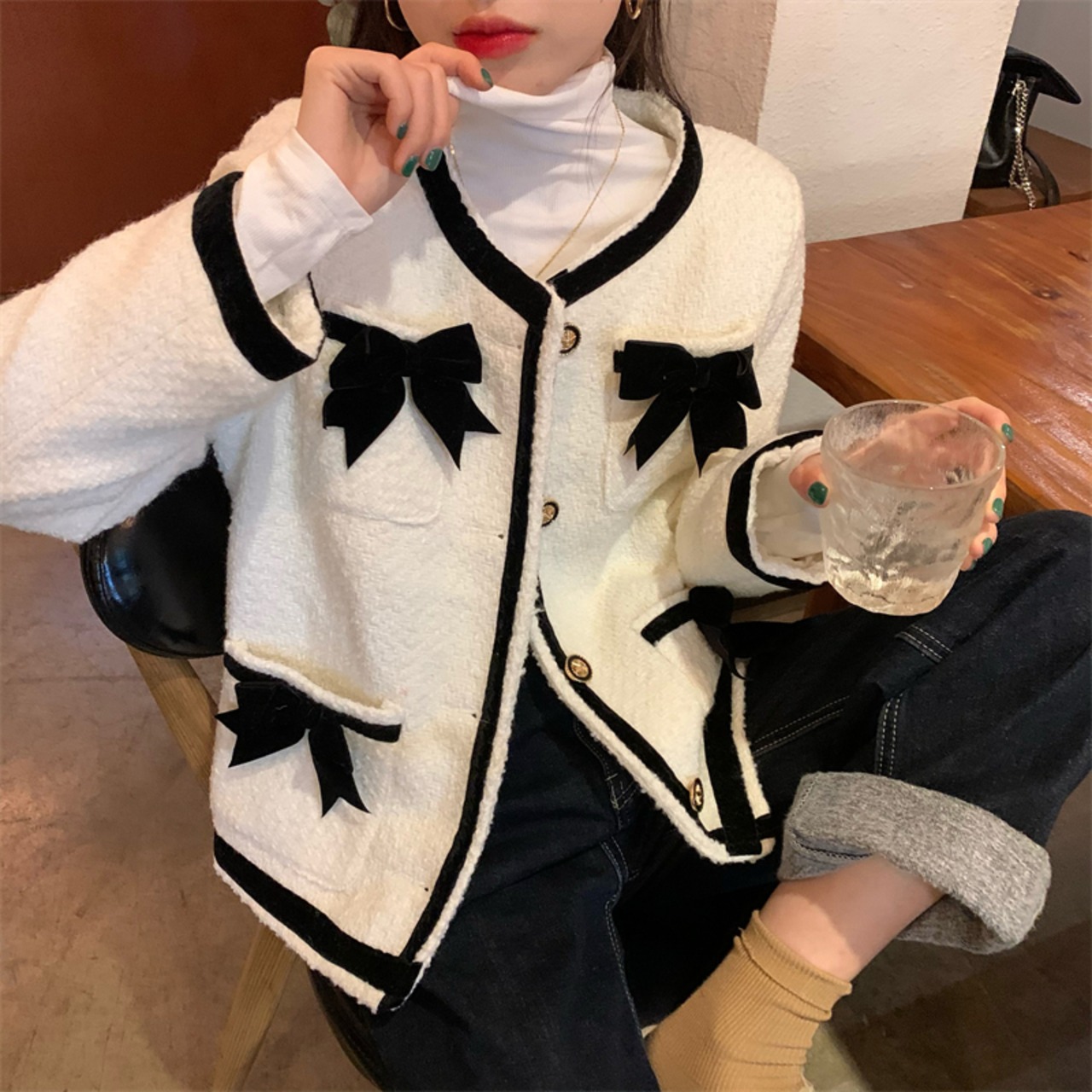 のみくまシックボウノットコートレディース長袖Oネック厚手ジャケット 