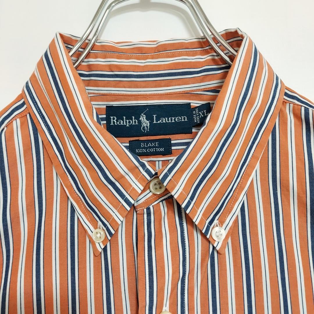 90s ラルフローレン ストライプシャツ XL オレンジ 白 紺 ポニー 刺繍 