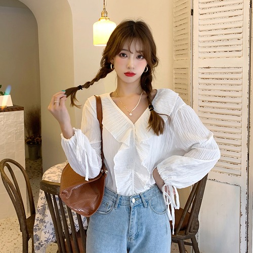 ✞ Vネックレース長袖スリーブ白シャツブラウス ロング ホワイト スウィート ステッチ ✞ゴスロリ SM ミリ 甘ロリ クラロリ 和ロリ エレガント 黒ロリ 姫ロリ 華ロリ BB-BB78835279353