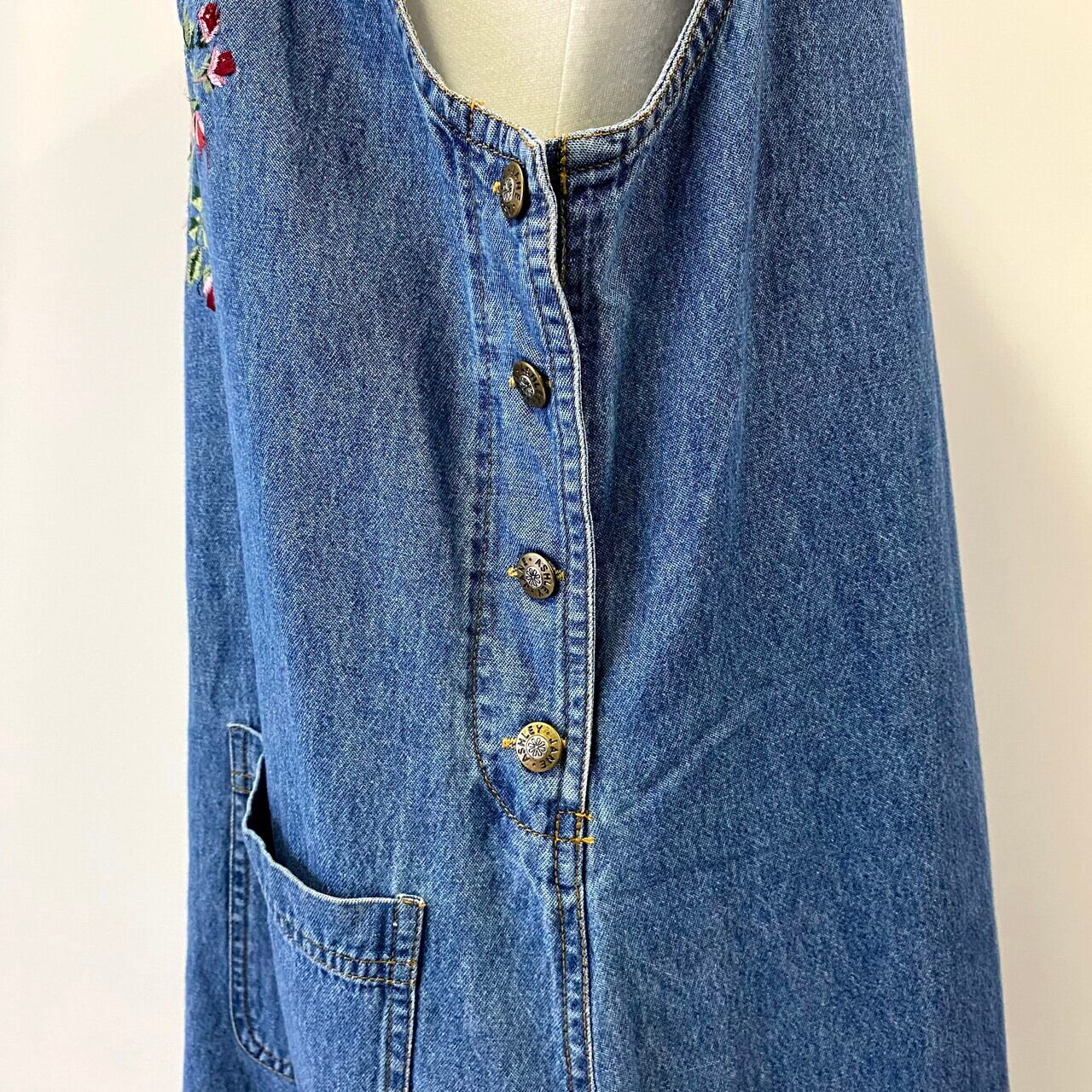 JANE ASHLEY 花柄 花刺繍 フロントポケット デニム ノースリーブ