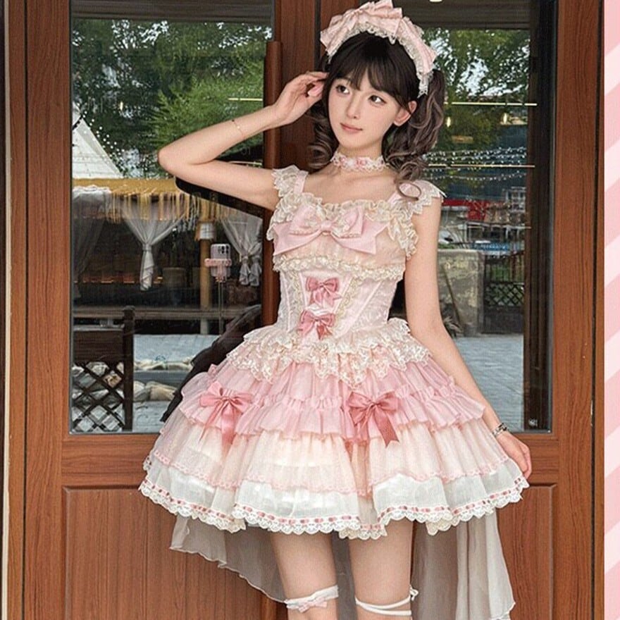 王道ガーリー系 JSK グラデーションフリルとリボンが彩る姫系ドレス