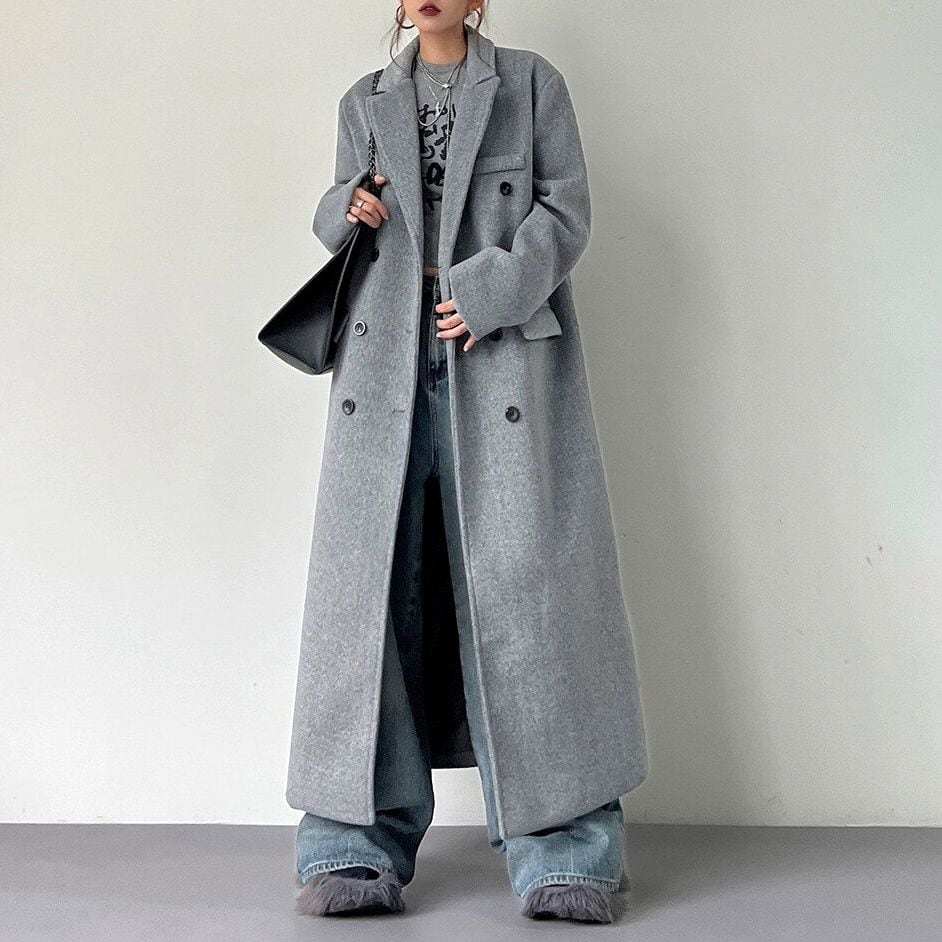 GRAY DOUBLE BREAST LONG COAT 1color M-14806