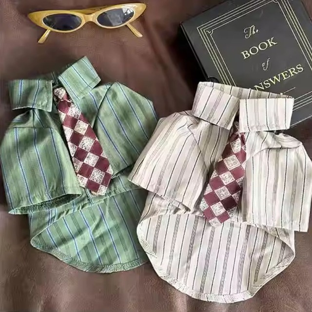 ダイヤ柄ネクタイ付ストライプシャツ　犬服  00452