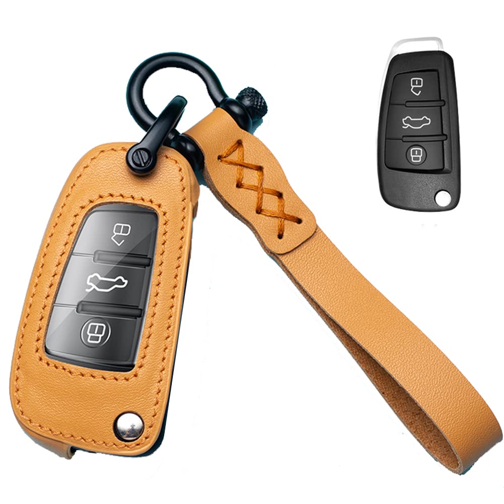 キーケース アウディ用 スマートキーケース キーカバー 3ボタン 本革 レザー アウディ 専用設計 Audi 新型 A1 A3 A6 Q2 Q3 Q7 TT TTS R8 S3 S6 RS3 等に適用 手触りいい 汚れ 滑り 傷 防止 オシャレ リモコン キーホルダー (黄色)