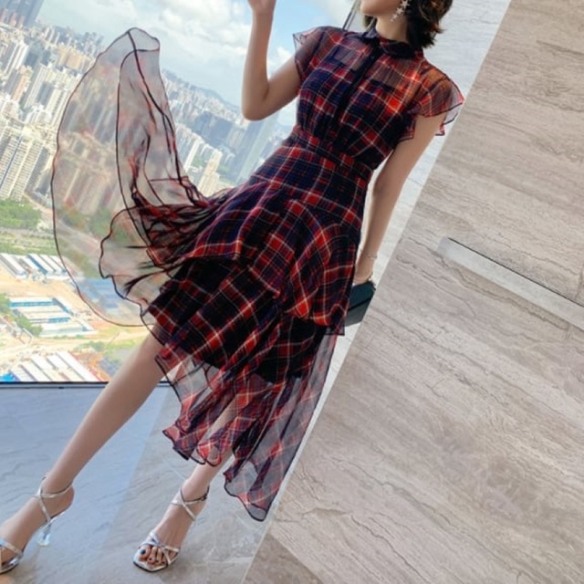 【限定・国内発送】【Sサイズ】チェック柄アシンメトリーワンピース　s0183-2