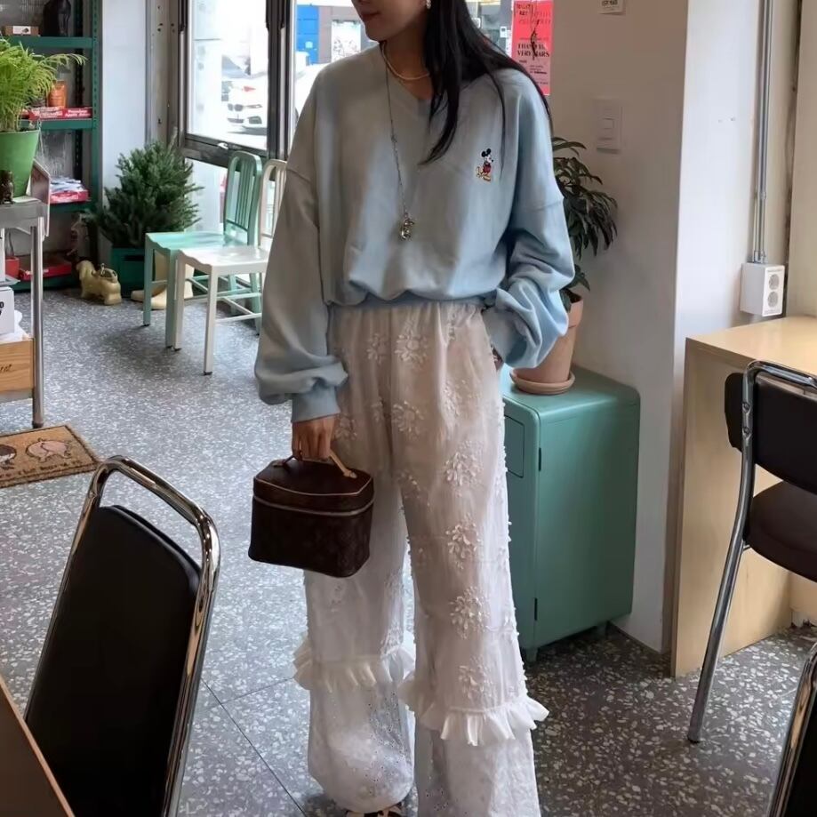 フリルレースパンチングロングパンツ