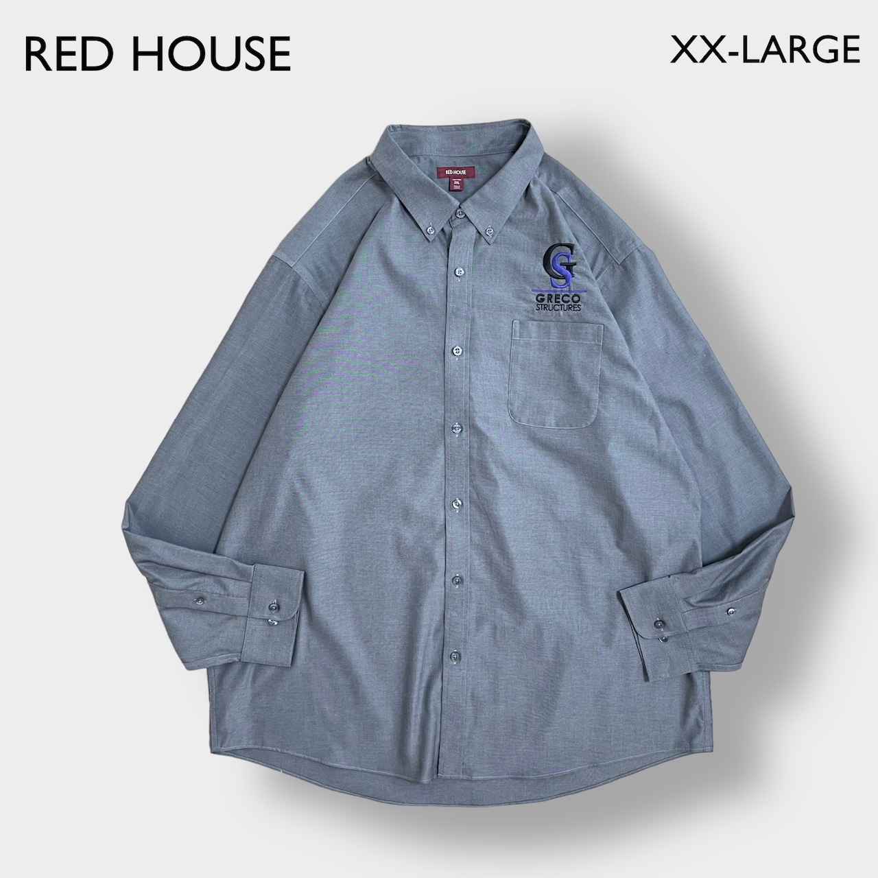 【RED HOUSE】ワークシャツ ノンアイロン 企業系 企業 刺繍 ロゴ ワンポイント ボタンダウン XL ビッグシルエット Greco Structures レッドハウス us古着