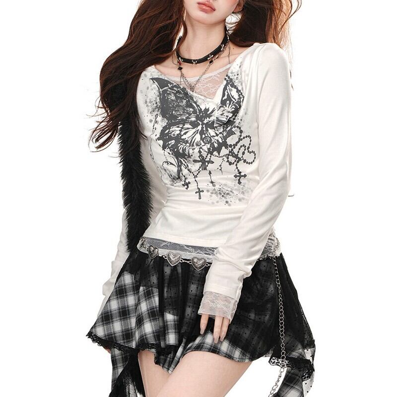 Butterfly print lace pullover r0072