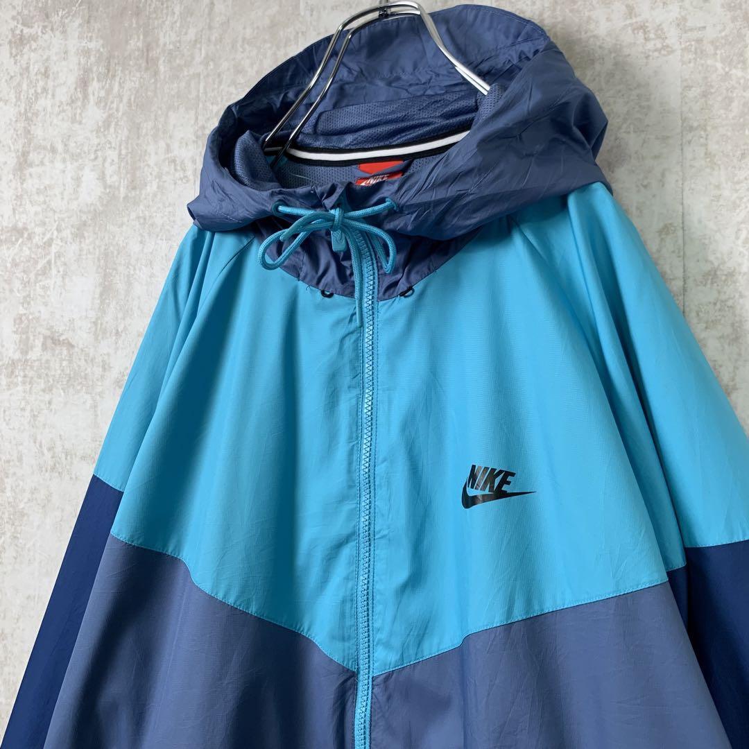 ナイキ NIKE ナイロンジャケット パーカー バイカラー 青水色 2XL ...