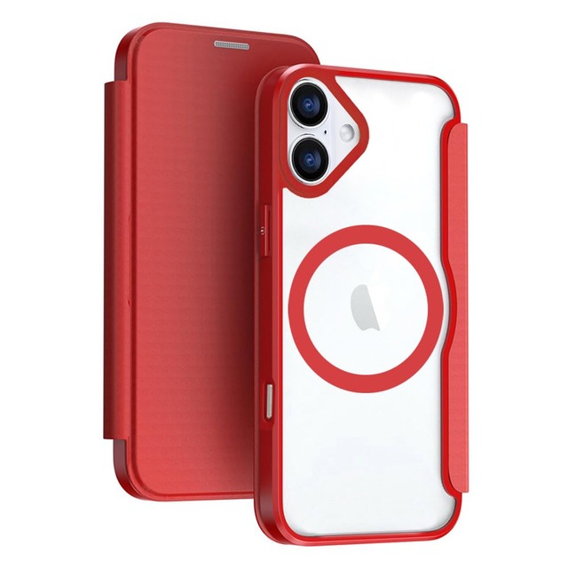 YUYIB スマホケース 対応 iPhone 17 ケース 手帳型 MagSafe対応 背面 クリア 透明 高級なPUレザー+PCパネル+TPUバンパー マグネット開閉 衝撃吸収 軽量薄型 ブランド スマホケース アイフォン17 手帳型 ケース (レッド, 17)