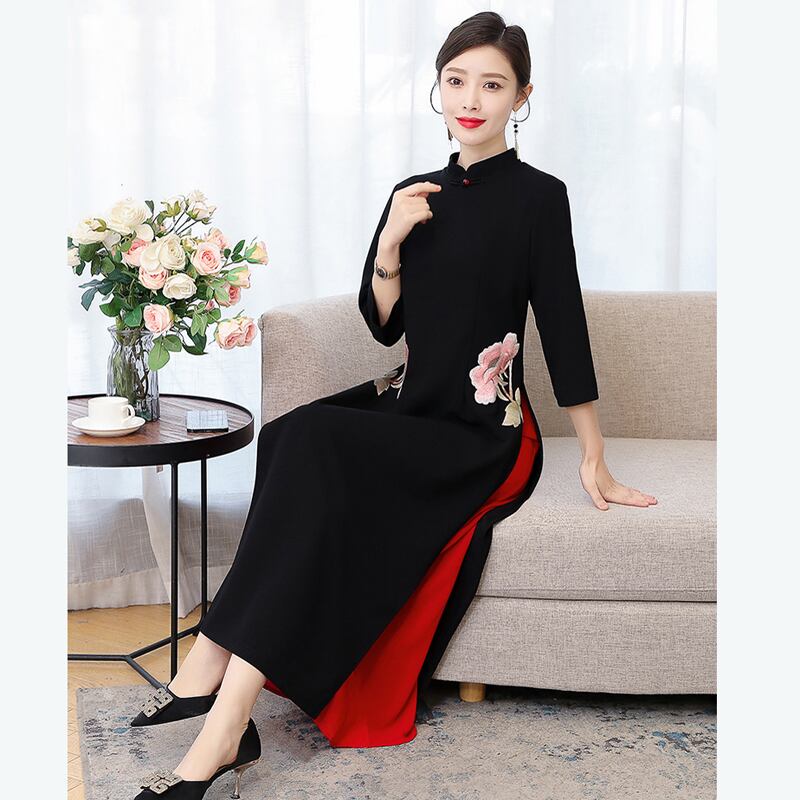 吾家有衣シリーズ チャイナ風ワンピース 2color 黒or赤 アオザイ 改良型チャイナドレス ロング丈 大きいサイズ Elegant