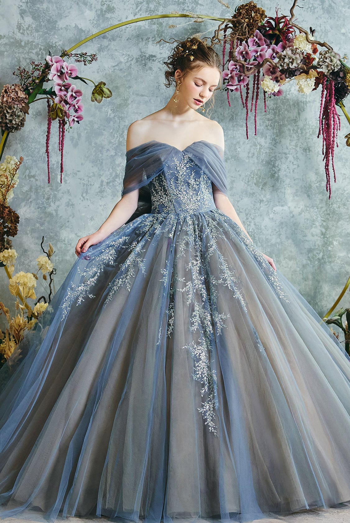 高品質！ カラードレス 取り外しオフショルダー リーフ刺繍 可愛い  