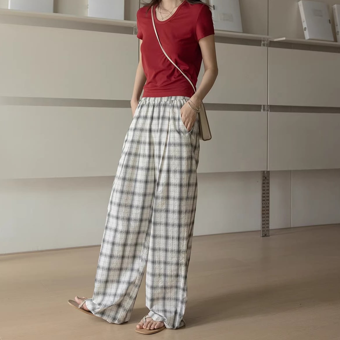 コットンチェックワイドパンツ 2color APA0067