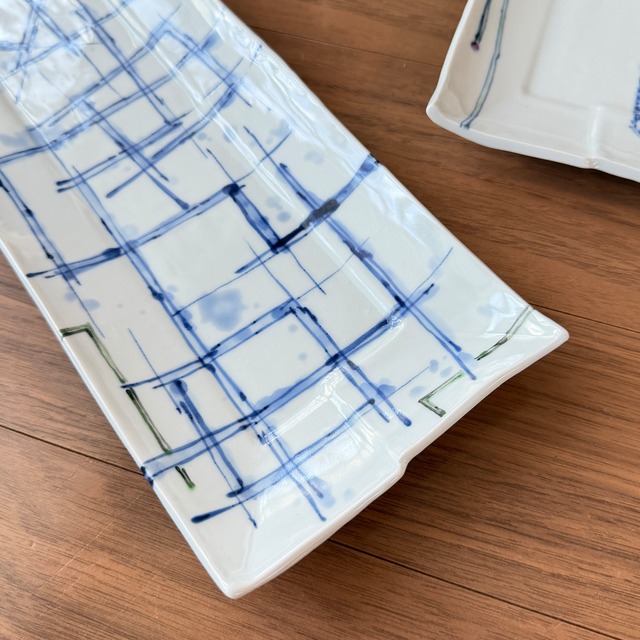 松尾貞一郎 ｜ 段付長角皿（細）約34.5cm「吹き墨幾何学紋（３種類） 」　貞土窯・有田