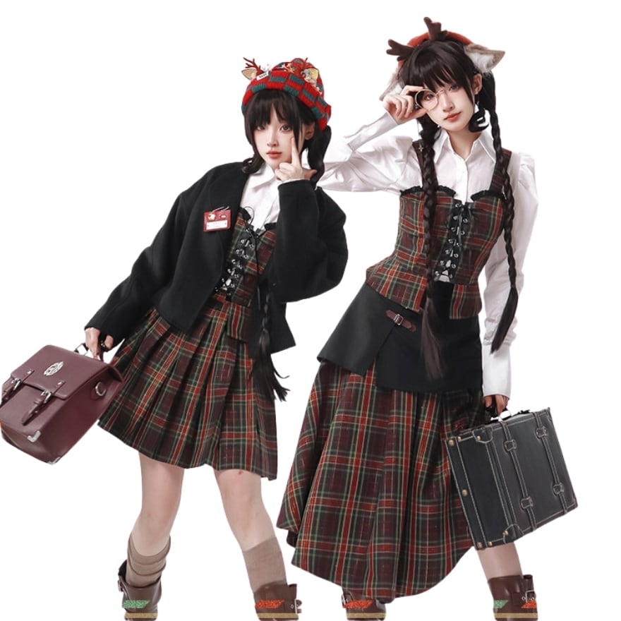 クラシカルな学院風セットアップ 3点セット 編み上げビスチェ×アシメ