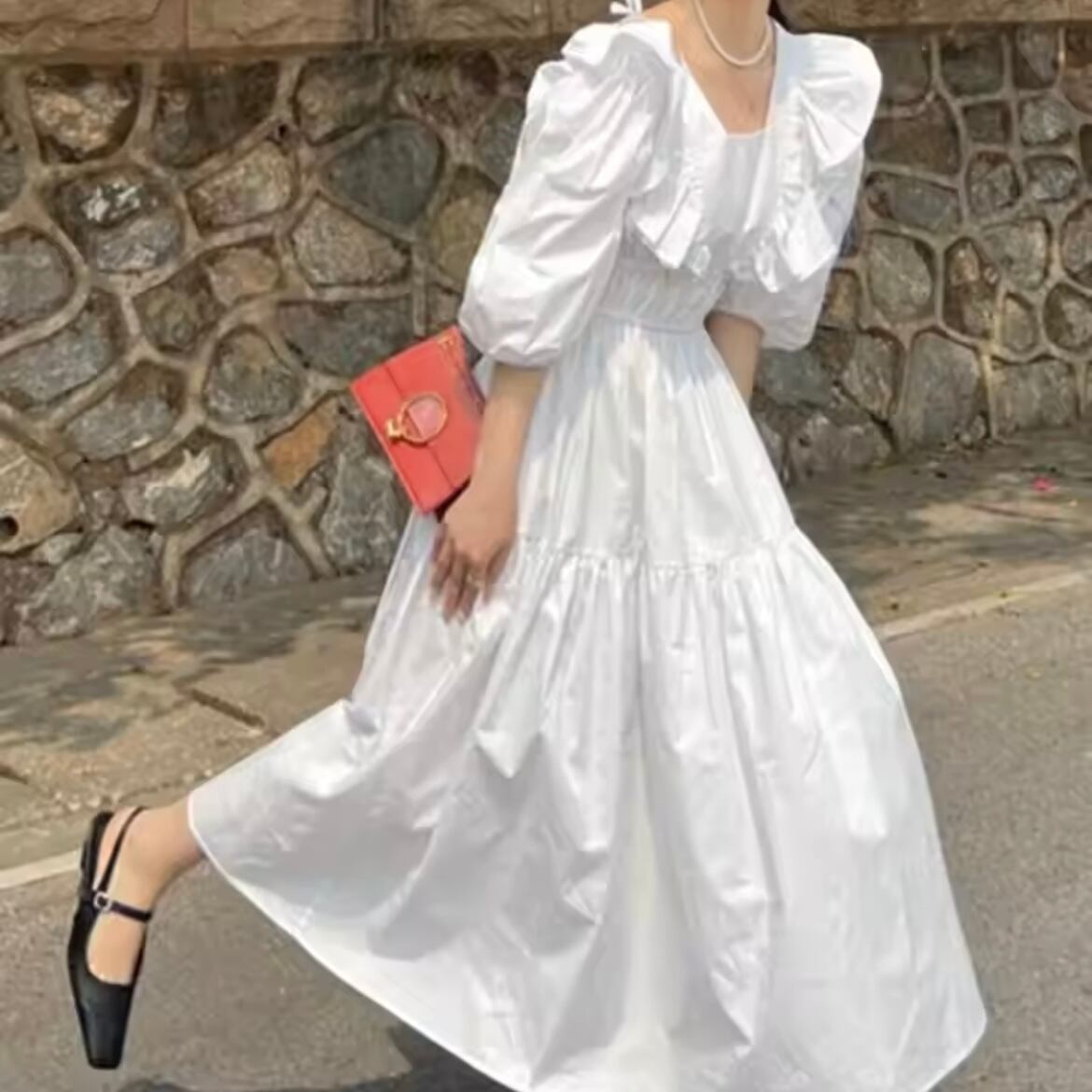 フリルスリーブバックオープンワンピース