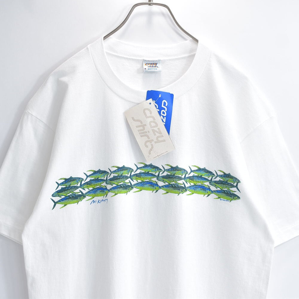 90s USA製 crazy shirt クレイジーシャツ マグロ 魚群 グラフィック デザイン プリント 半袖 Tシャツ ホワイト 魚 USED ヴィンテージ ビンテージ アメリカ古着 メンズMサイズ