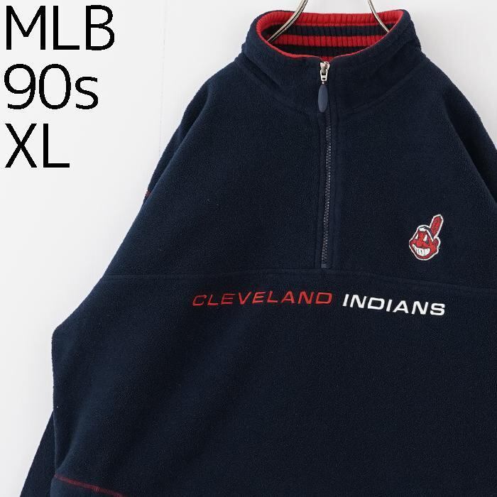 LEE インディアンス ハーフジップフリース ロゴ刺繍 90s XL 紺 MLB