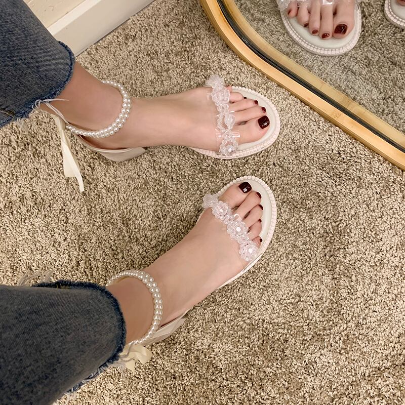 サンダルサマーレッドスタイルパールヒール ハイヒール 靴 シューズ 夏物 真珠 部族の婦人靴43960055690