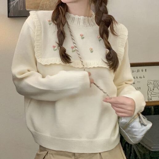 トップス レディース ニット セーター 長袖 ハイネック ストレート 刺繍 フリル 厚手 かわいい 大人可愛い きれいめ シンプル カジュアル 上品 清楚 フェミニン おしゃれ 綺麗 ナチュラル こなれ感 ラブリー キュート ガーリー 個性的 ロマンチック 華やか 無地 花柄 通勤 学生 通学 デート お出かけ 女子会 美術館巡り 送料無料 コンサート フリーサイズ ゆったり ホワイト ブラック 秋 冬 10代 20代 30代 ママ 韓国系 着回し 普段使い ファッション コーデ モテ トレンド 流行