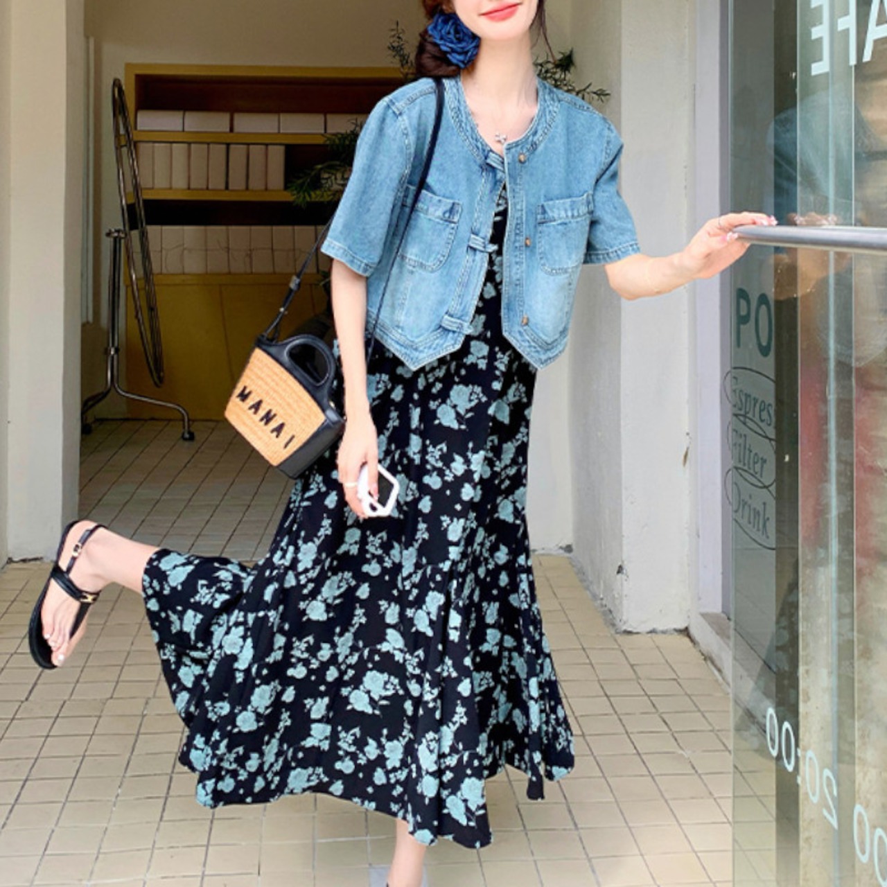 シングルブレストデニムジャケット＆花柄ワンピースのセットアップ W00257