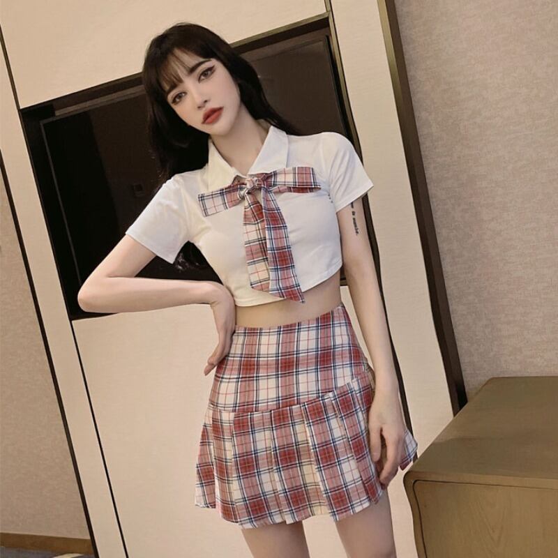 スタイルサマーButterflyデザイン カラートップス 格子柄プリーツスカート 夏物 ハンチェンe3922114189