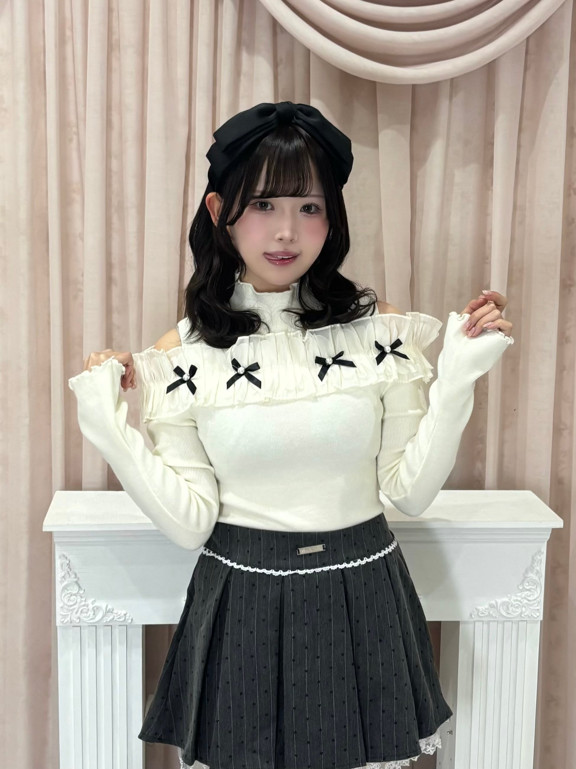 【Renonqle】frill ribbon cut off knit tops