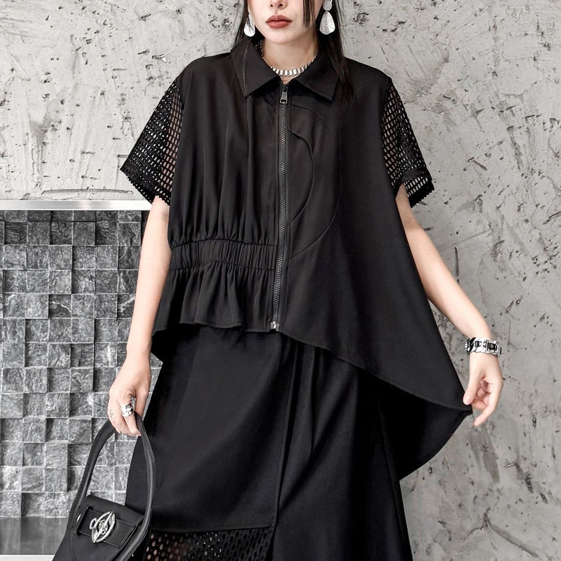 ASYMMETRIC MESH PANEL RELAXED SHIRT TOP M-17195