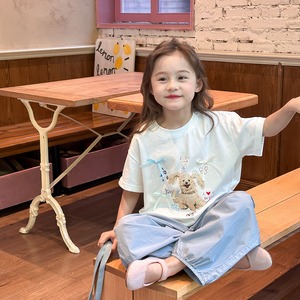 夏犬柄リボン付きTシャツ