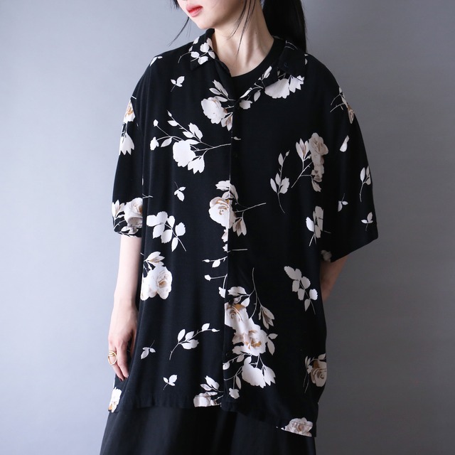 black base flower art pattern over silhouette open-collar l/s shirt