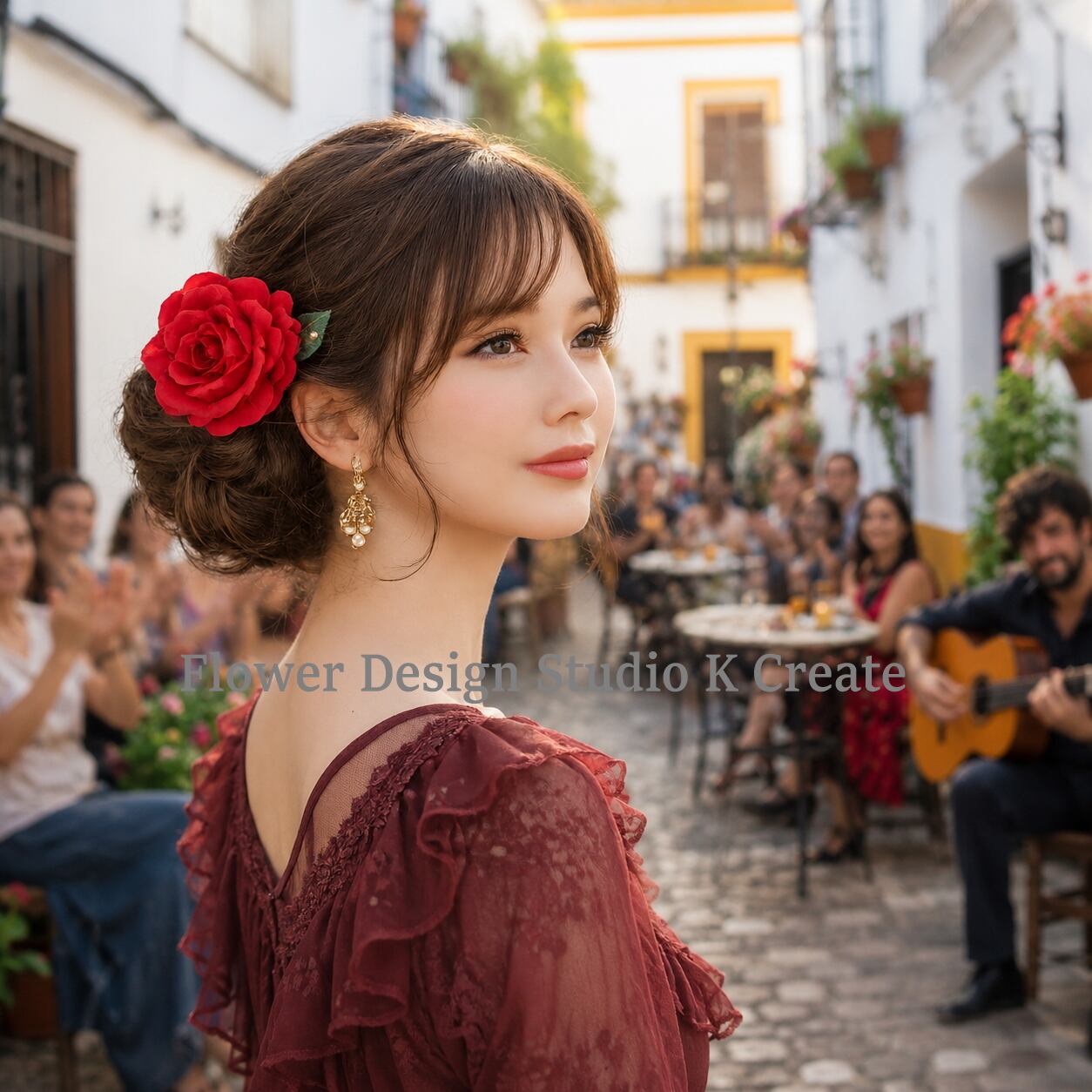 深紅の薔薇と葉のUピン髪飾り|フラメンコ・ダンス・発表会・前撮り・成人式・赤ドレス 高品質 フローレス ヘッドピース|