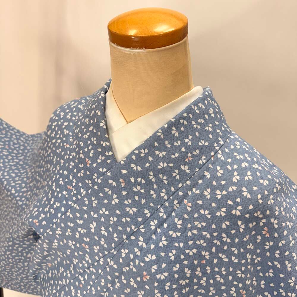 小紋 単衣 洗える着物 裄65cm 身丈165.2cm グレー 花柄 お洒落着 普段着 ポリエステル 美品 M サイズ 5273