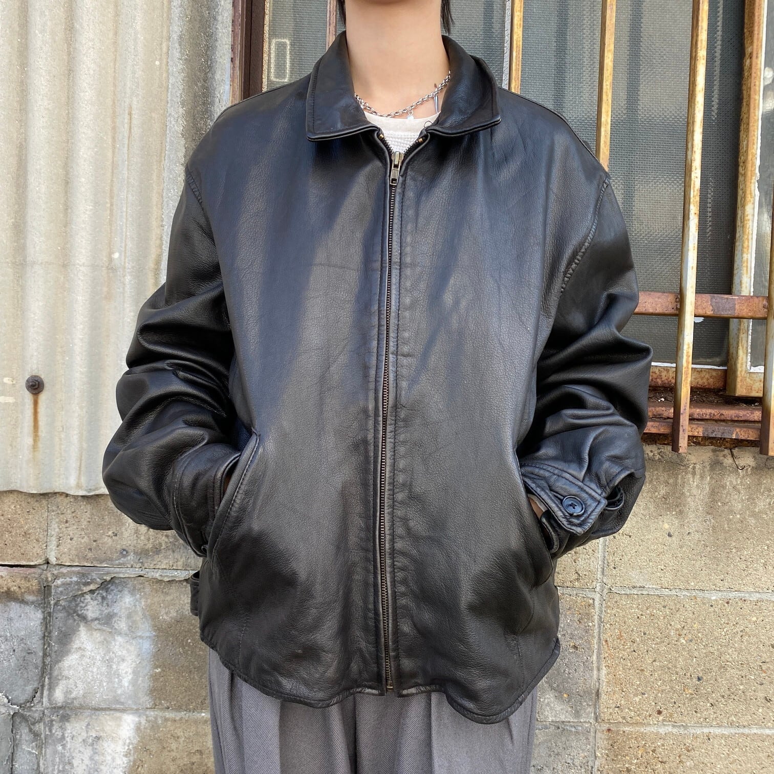 90s J.CREW Leather Car Coat レザージャケット - レザージャケット