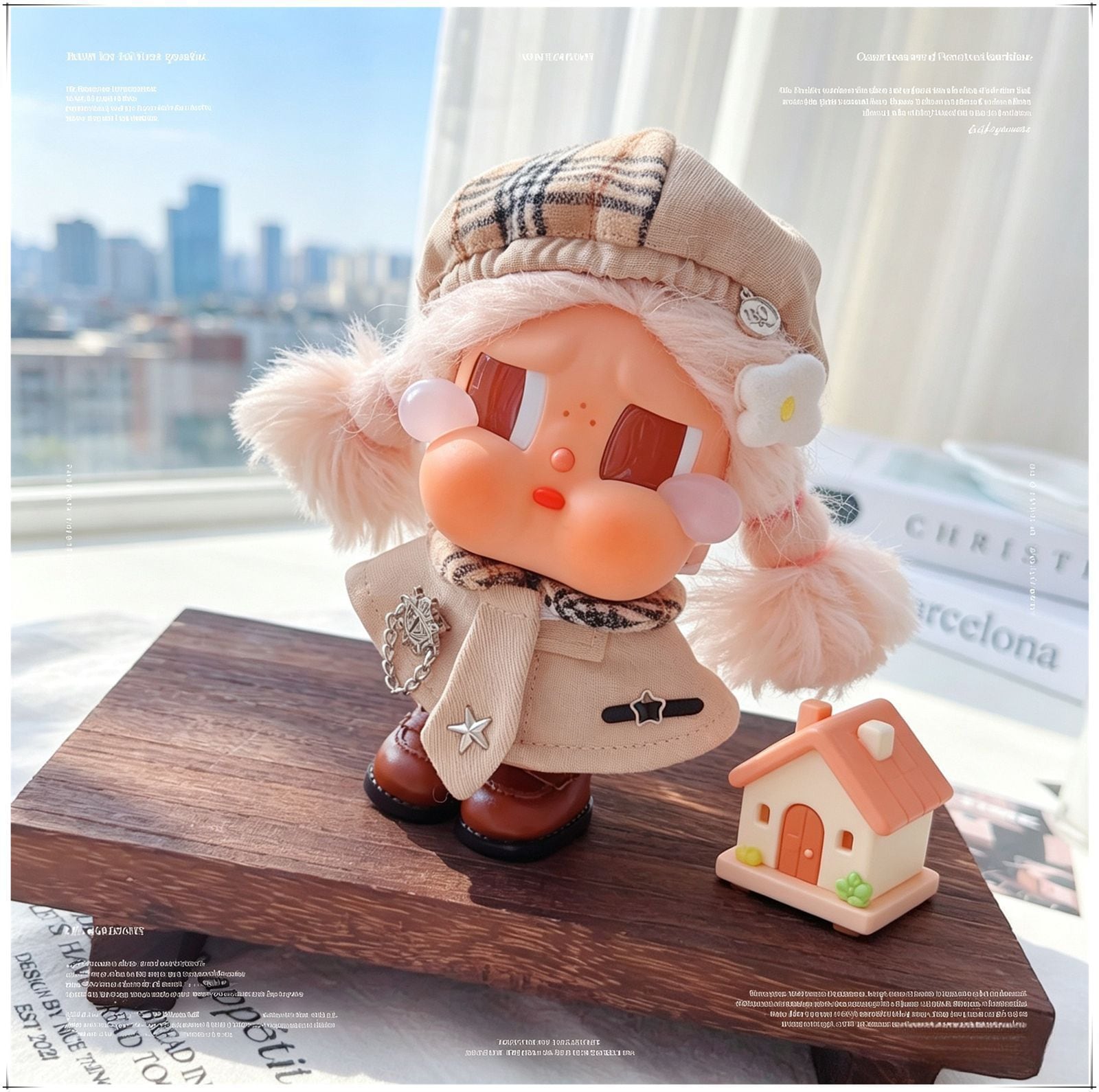 Labubu 1-3世代対応 学園風 ケープ＋ベレー帽＋チェックスカート