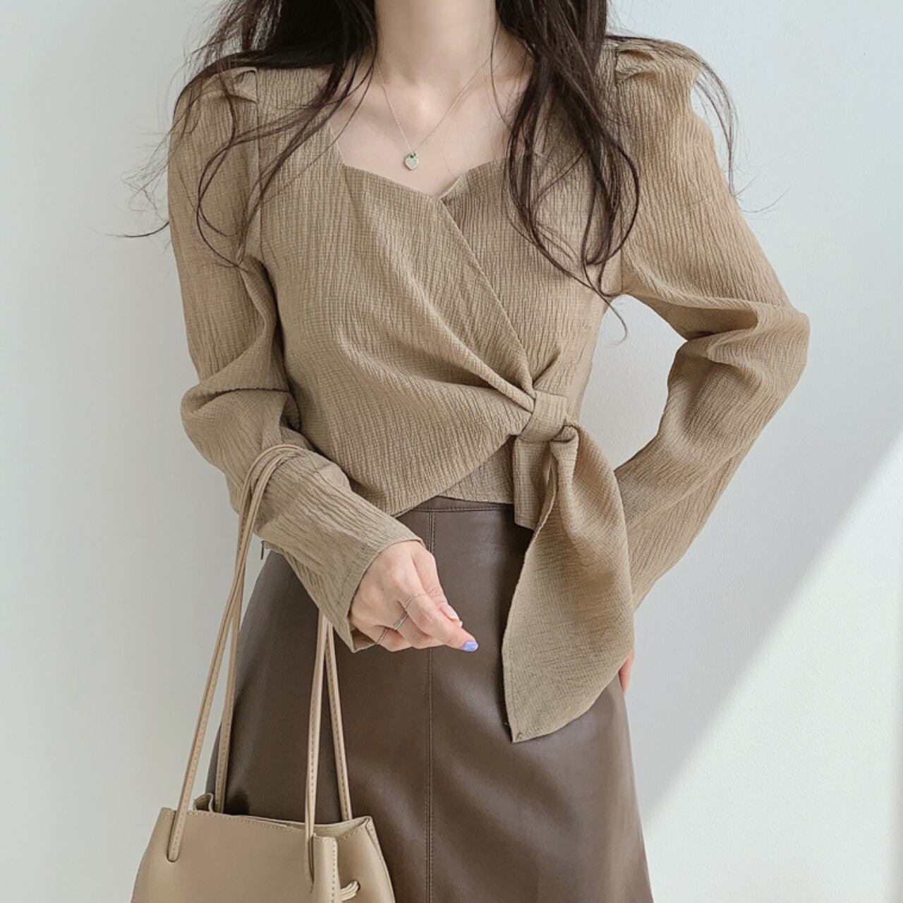 レースアップ ウエストリボン ブラウス-カーキ