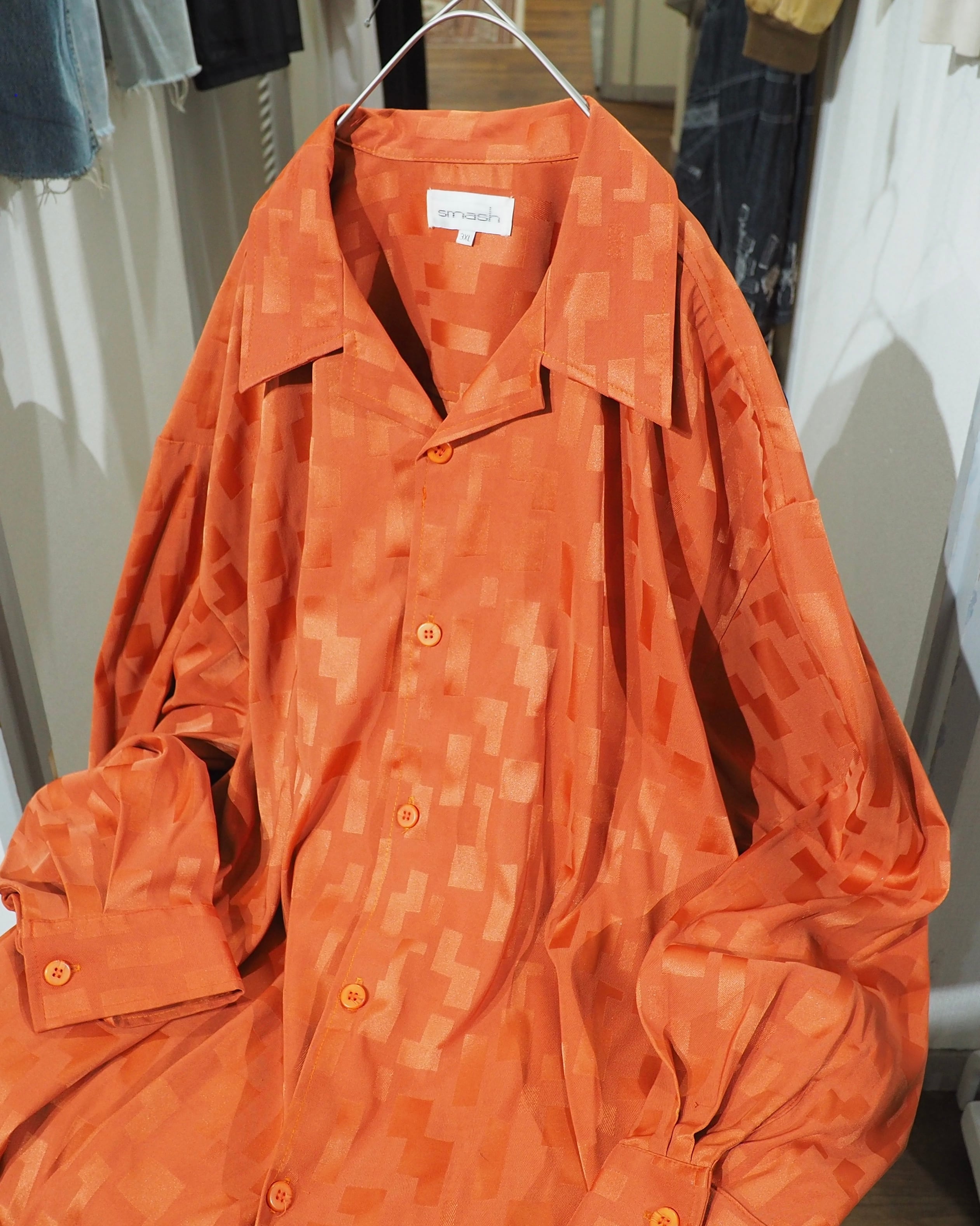 1990s " Made in USA ‐ Smash " Vivid Orange × Block Pattern Vintage Loose Open Collar Shirt