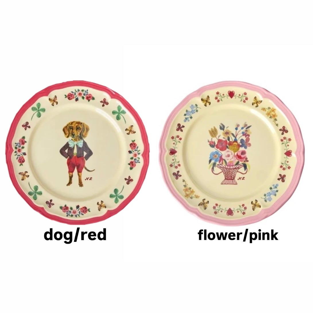 NathalieLete×rice(ナタリーレテ/ライス)メラミンサイドプレート(ドッグレッド/フラワーピンク)皿