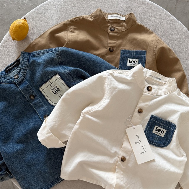 【90-150】夏新作スタンド英字デニムシャツ