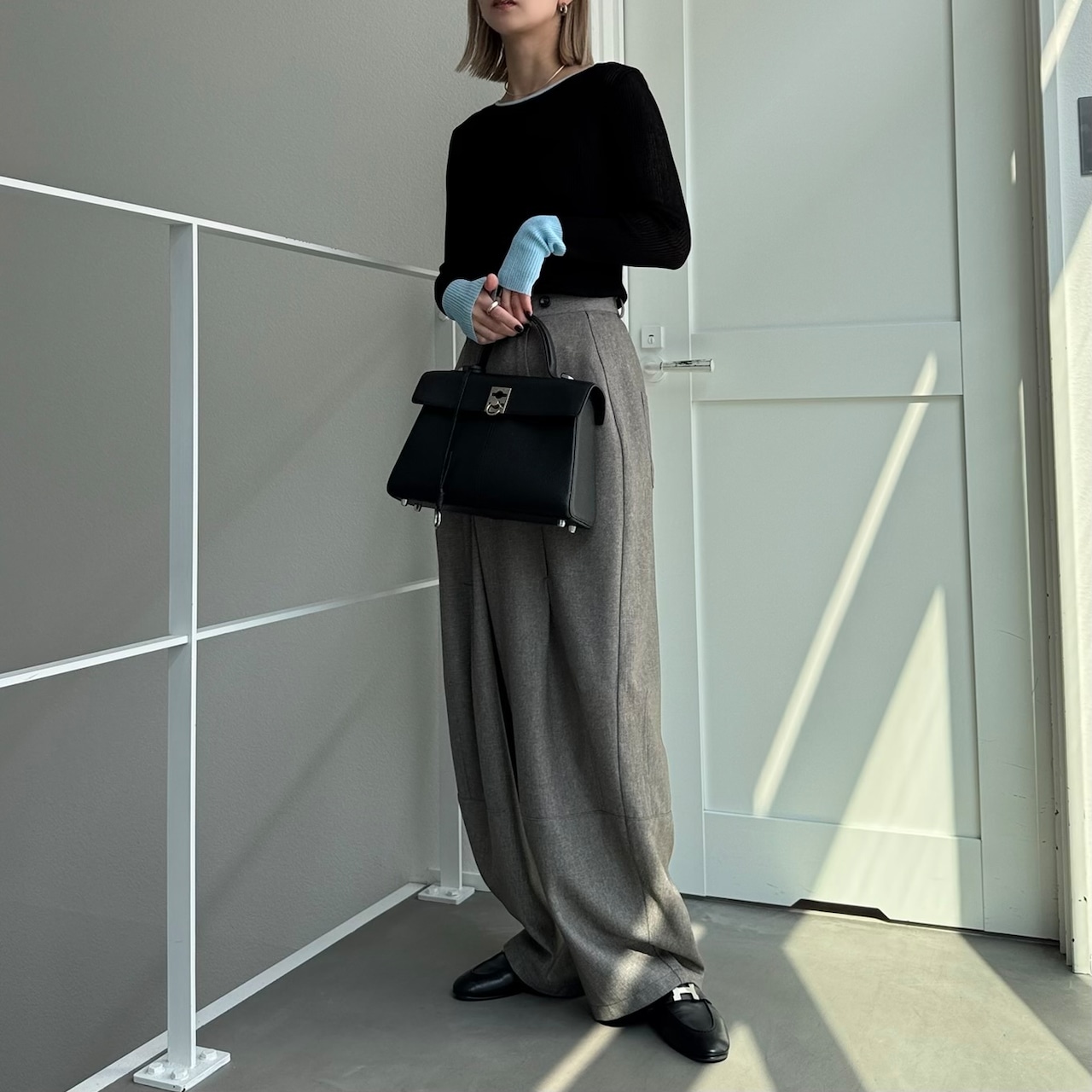 袖バイカラーシアーニットCS/ブラック