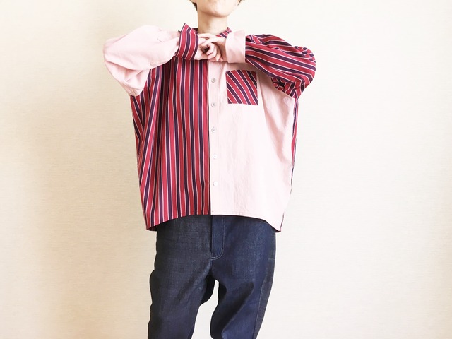 ゆるシャツ004/えんじストライプ×ピンク