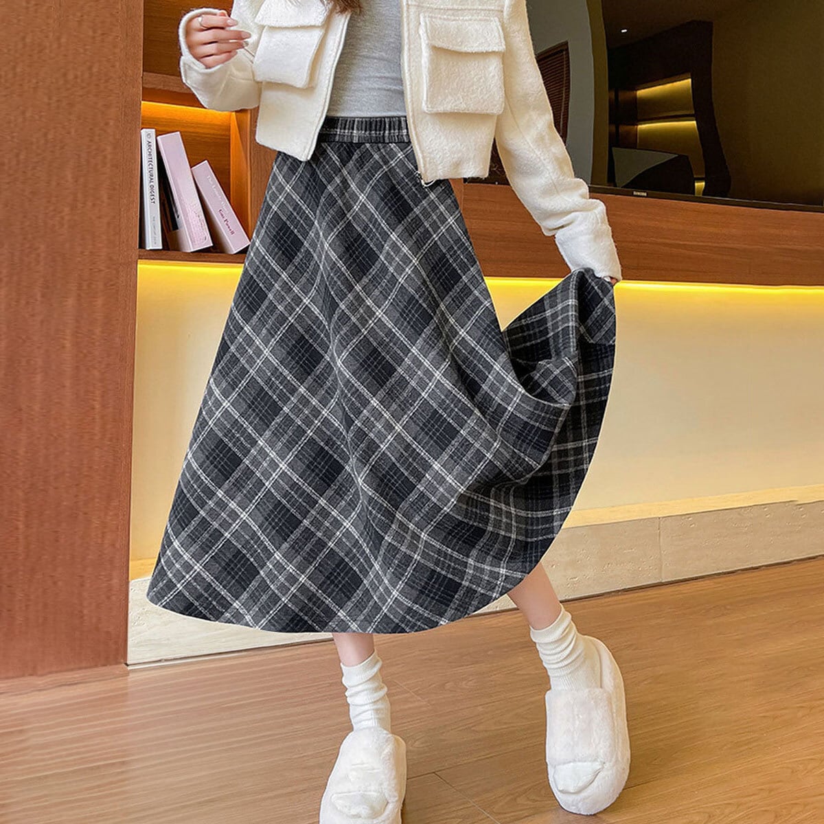 フレアスカート チェック柄 ロング レディース 秋冬 韓国 きれいめ 大人 かわいい おしゃれ Aライン ハイウエスト ウエストゴム フェミニン 通勤 通学 上品 大人可愛い 大人女子