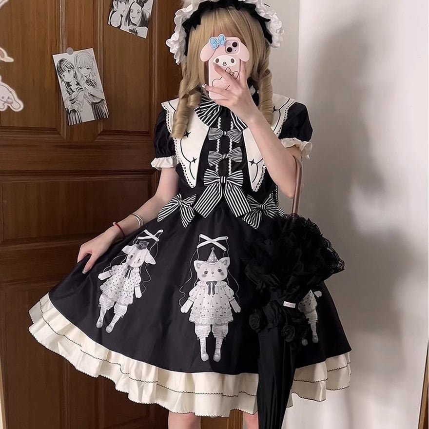 予約販売 半袖ワンピース ビッグカラー 大きめ襟 リボン 子猫 子羊