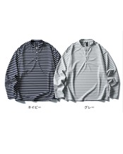 ボーダー柄ハーフボタンバンドカラー長袖Tシャツ S0666