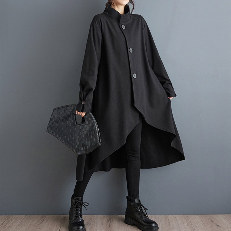 ゴスロリ モード系 アシンメトリー ロングコート 黒 スタンドカラー アウター