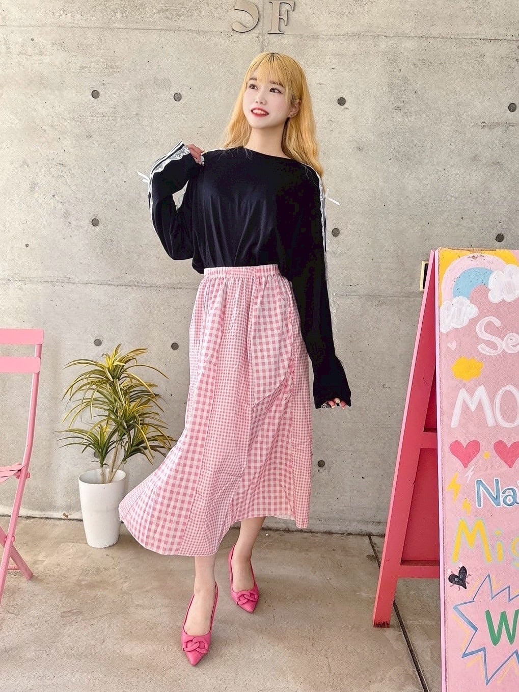 ピンクギンガムチェックフレアスカート/レディースファッション/韓国