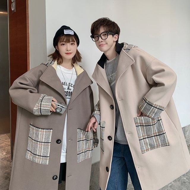 【予約販売】コート フード付 アウター チェック柄 ミドル丈 防寒 メンズ レディース ユニセックス ストリート ブラック グレー ベージュ 防寒 お洒落 こなれ感 ベーシック 秋冬 大きいサイズ S/M/L/XL/2XL