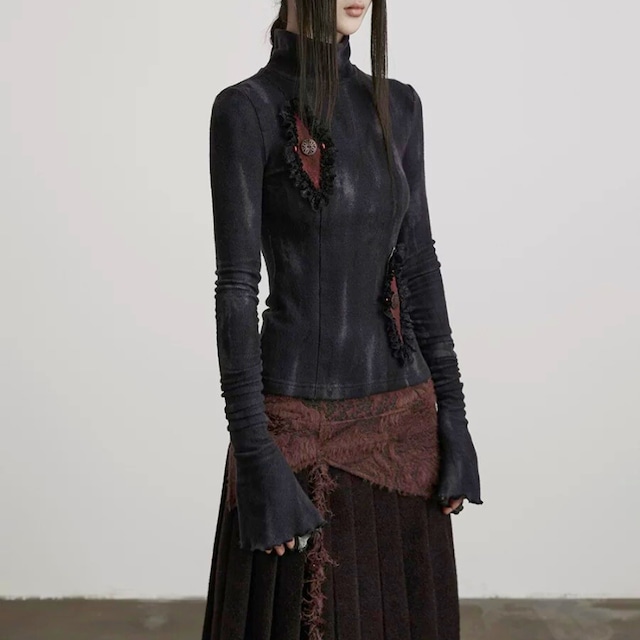 Embroidered high neck detail top C1422