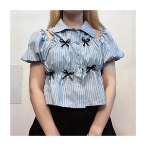select 31034：stripe ribbon blouse